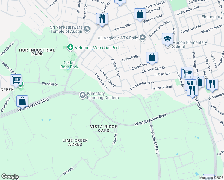 map of restaurants, bars, coffee shops, grocery stores, and more near 1308 Rimstone Drive in Cedar Park