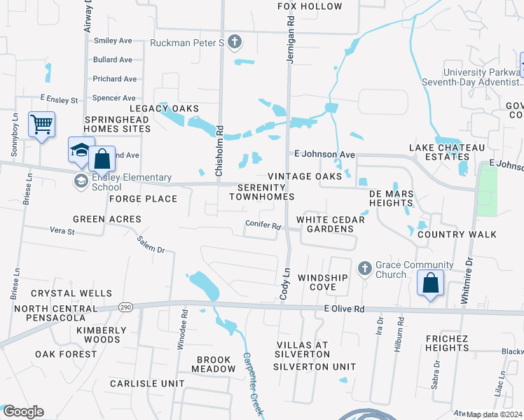 map of restaurants, bars, coffee shops, grocery stores, and more near 8457 Meliaceae Drive in Pensacola