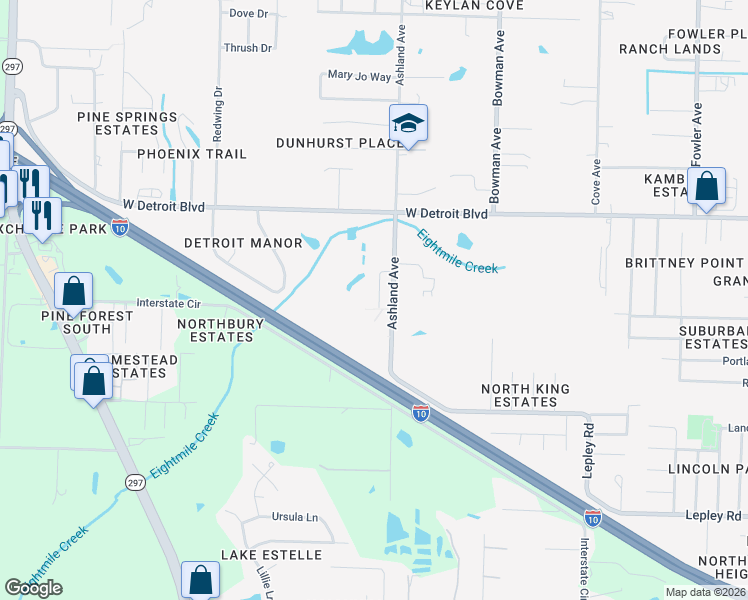 map of restaurants, bars, coffee shops, grocery stores, and more near 8151 Ashland Avenue in Pensacola