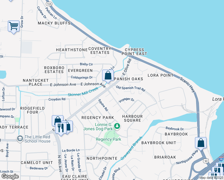 map of restaurants, bars, coffee shops, grocery stores, and more near 8443 Ramsgate Road in Pensacola