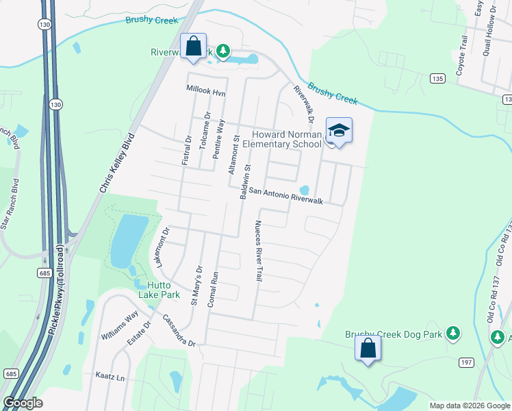 map of restaurants, bars, coffee shops, grocery stores, and more near 118 Nueces River Trail in Hutto
