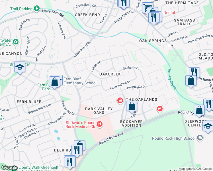 map of restaurants, bars, coffee shops, grocery stores, and more near 1002 Wren Court in Round Rock