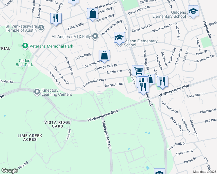 map of restaurants, bars, coffee shops, grocery stores, and more near 1910 Marysol Trail in Cedar Park