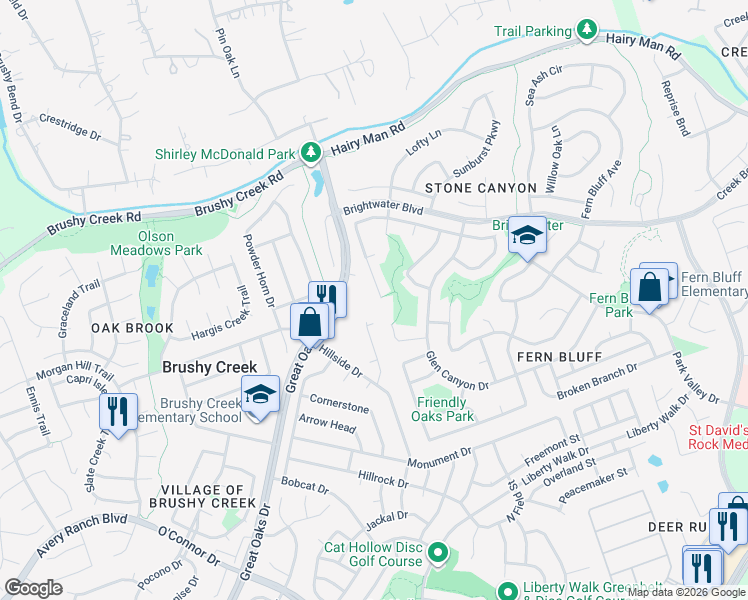 map of restaurants, bars, coffee shops, grocery stores, and more near 7418 West Magic Mountain Lane in Round Rock