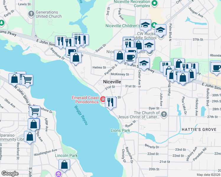 map of restaurants, bars, coffee shops, grocery stores, and more near 527 31st Street in Niceville