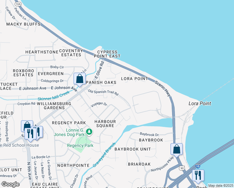 map of restaurants, bars, coffee shops, grocery stores, and more near 8475 Old Spanish Trail Road in Pensacola