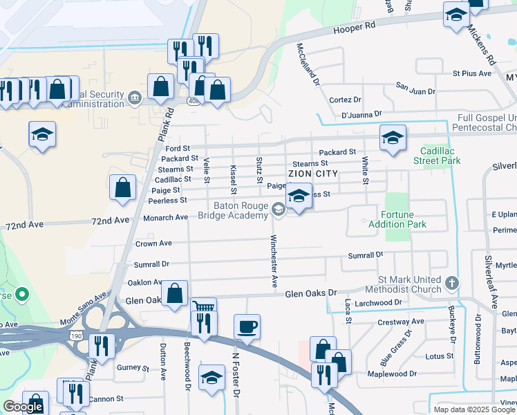 map of restaurants, bars, coffee shops, grocery stores, and more near 5165 Monarch Avenue in Baton Rouge