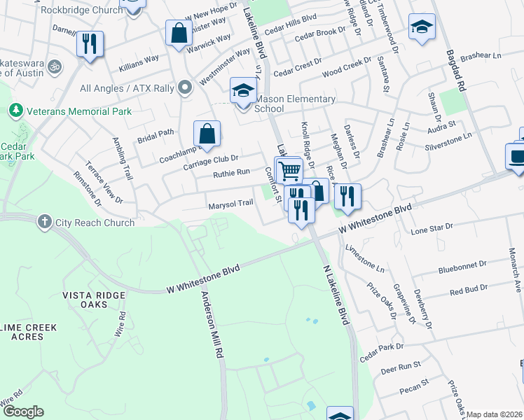 map of restaurants, bars, coffee shops, grocery stores, and more near 1706 Jane Cove in Cedar Park