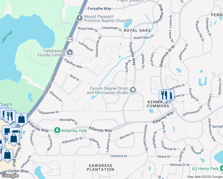 map of restaurants, bars, coffee shops, grocery stores, and more near 2361 Braeburn Circle in Tallahassee