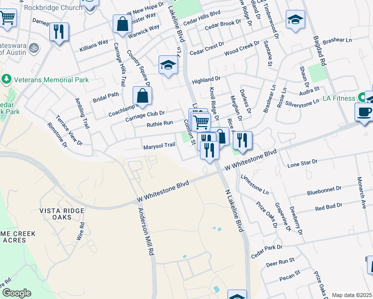 map of restaurants, bars, coffee shops, grocery stores, and more near 1706 Jane Cove in Cedar Park