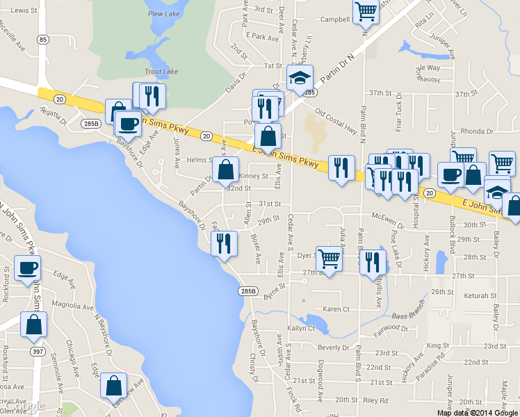 map of restaurants, bars, coffee shops, grocery stores, and more near 307 Anchors Place in Niceville
