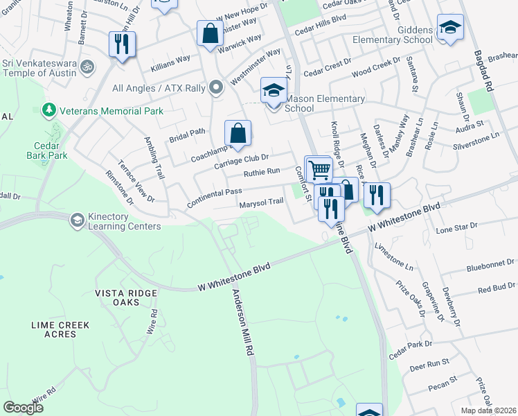 map of restaurants, bars, coffee shops, grocery stores, and more near 1910 Marysol Trail in Cedar Park