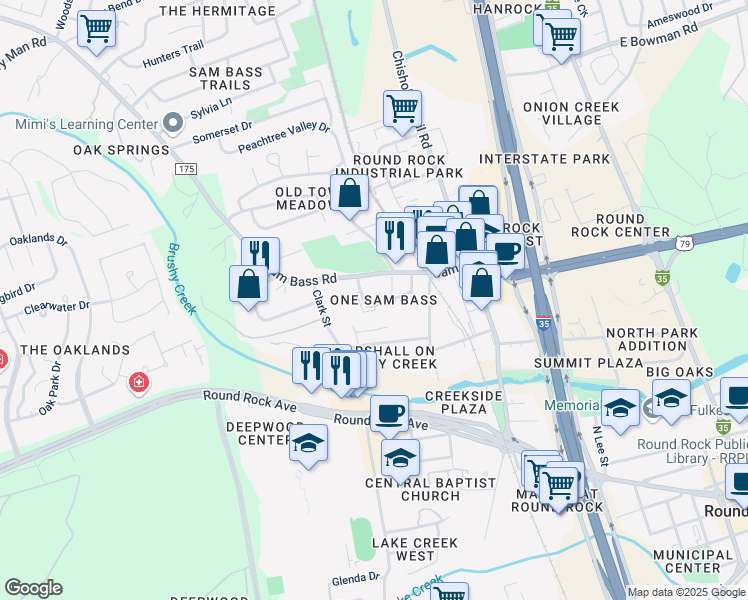 map of restaurants, bars, coffee shops, grocery stores, and more near 1300 Sam Bass Circle in Round Rock