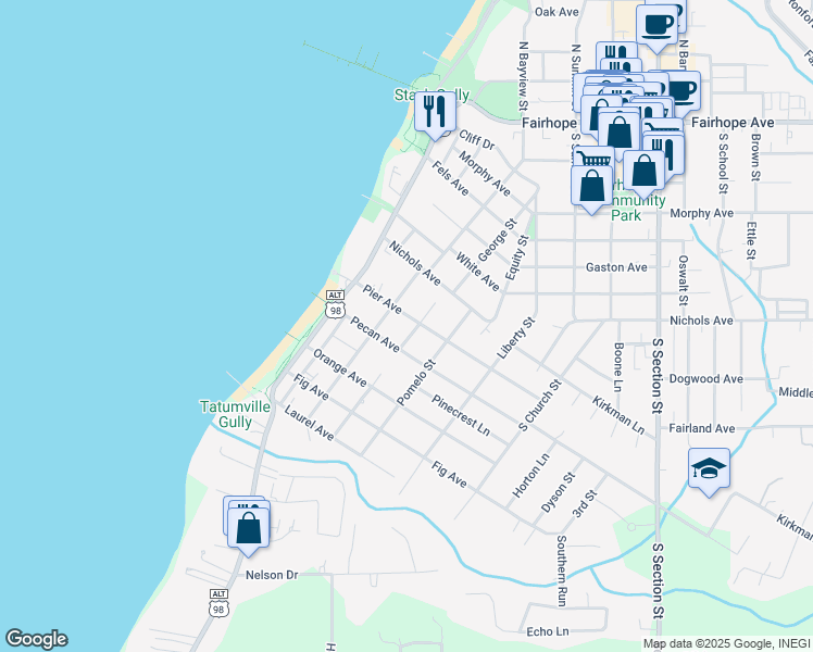 map of restaurants, bars, coffee shops, grocery stores, and more near 108 Pier Avenue in Fairhope