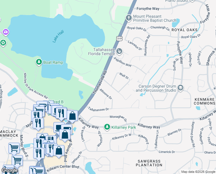 map of restaurants, bars, coffee shops, grocery stores, and more near 2207 Woodbine Drive in Tallahassee