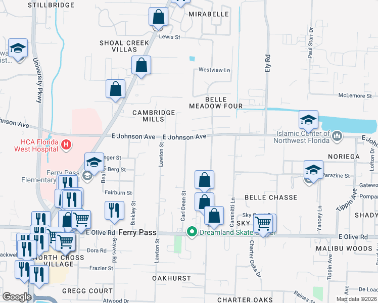 map of restaurants, bars, coffee shops, grocery stores, and more near 8431 Carl Dean Street in Pensacola