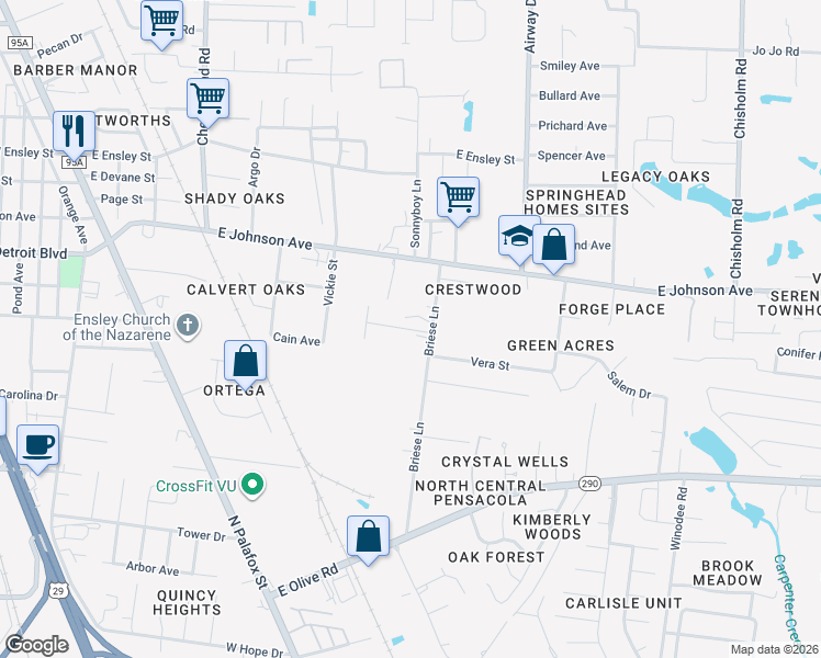 map of restaurants, bars, coffee shops, grocery stores, and more near 8300 Sunny Acres Lane in Pensacola