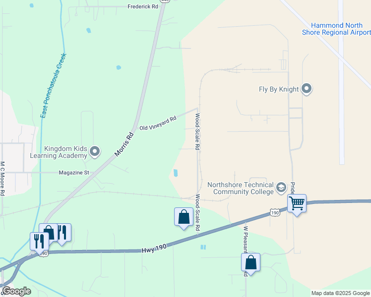 map of restaurants, bars, coffee shops, grocery stores, and more near 18310 Wood-Scale Road in Hammond