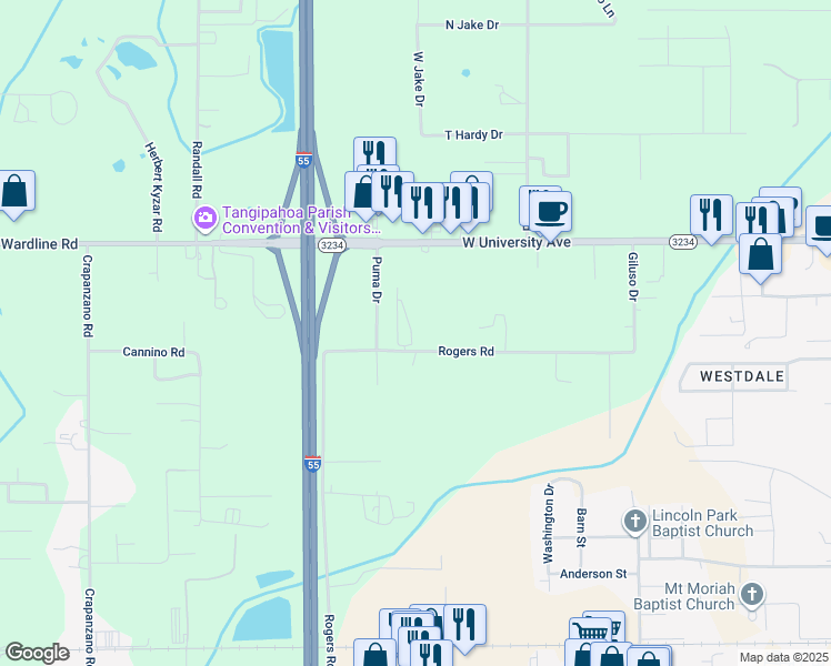 map of restaurants, bars, coffee shops, grocery stores, and more near 45537 Nicholas Drive in Hammond