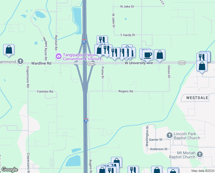 map of restaurants, bars, coffee shops, grocery stores, and more near 45418 Puma Drive in Hammond