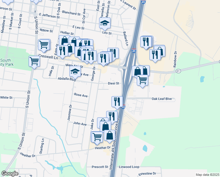 map of restaurants, bars, coffee shops, grocery stores, and more near 1600-1698 Kerr St in Opelousas