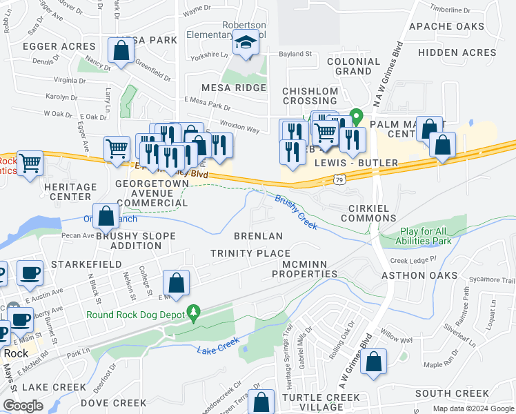 map of restaurants, bars, coffee shops, grocery stores, and more near 1525 East Palm Valley Boulevard in Round Rock
