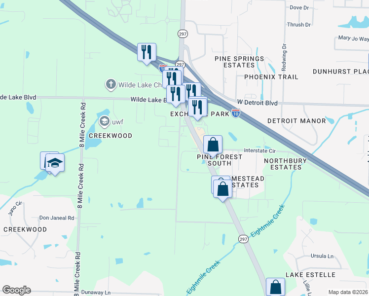 map of restaurants, bars, coffee shops, grocery stores, and more near 8246 Chellie Road in Pensacola