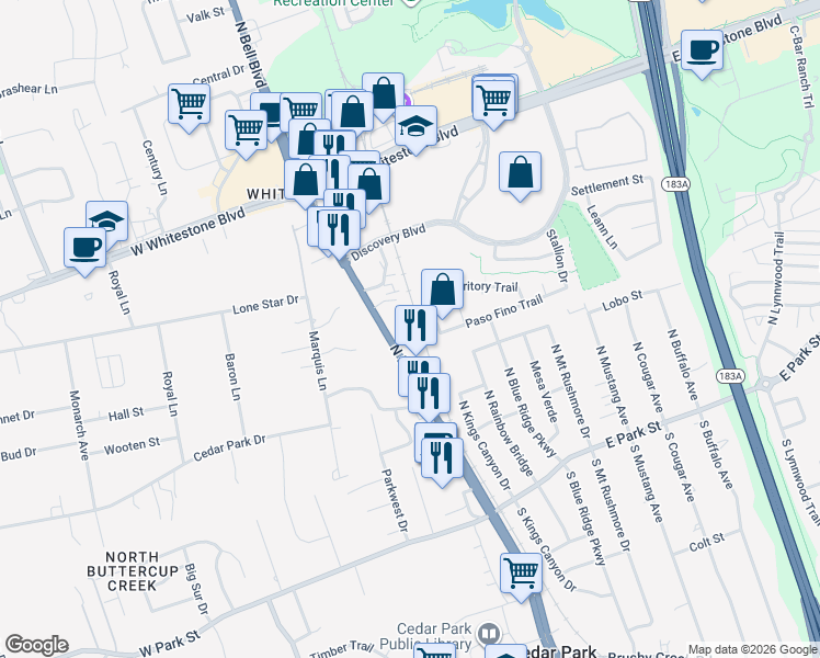 map of restaurants, bars, coffee shops, grocery stores, and more near 600 North Bell Boulevard in Cedar Park