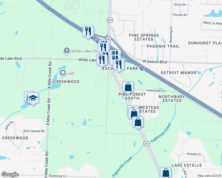 map of restaurants, bars, coffee shops, grocery stores, and more near 8246 Chellie Road in Pensacola