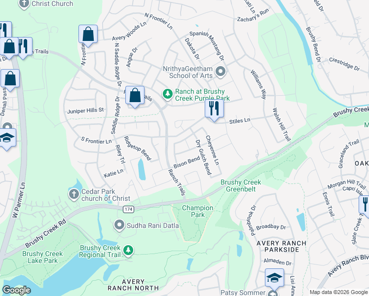 map of restaurants, bars, coffee shops, grocery stores, and more near 4111 Rainy Creek Lane in Cedar Park