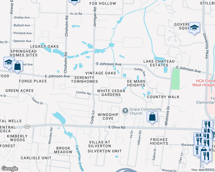 map of restaurants, bars, coffee shops, grocery stores, and more near 949 Black Walnut Trail in Pensacola