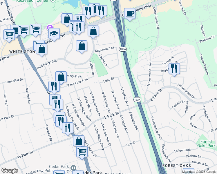 map of restaurants, bars, coffee shops, grocery stores, and more near 305 North Cougar Avenue in Cedar Park