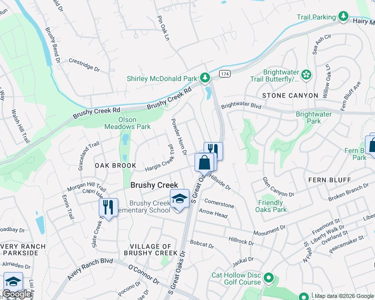 map of restaurants, bars, coffee shops, grocery stores, and more near 805 Powder Horn Drive in Round Rock