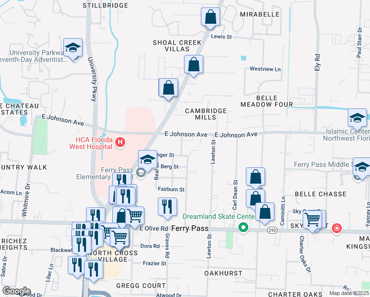 map of restaurants, bars, coffee shops, grocery stores, and more near 2330 Klinger Street in Pensacola