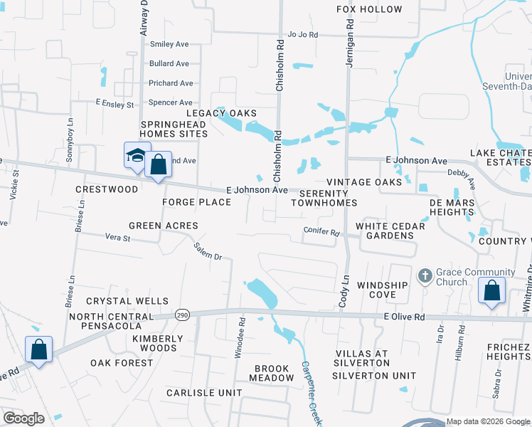 map of restaurants, bars, coffee shops, grocery stores, and more near 8435 Chisholm Road in Pensacola