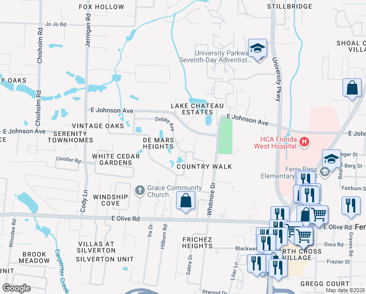 map of restaurants, bars, coffee shops, grocery stores, and more near 1440 Debby Avenue in Pensacola