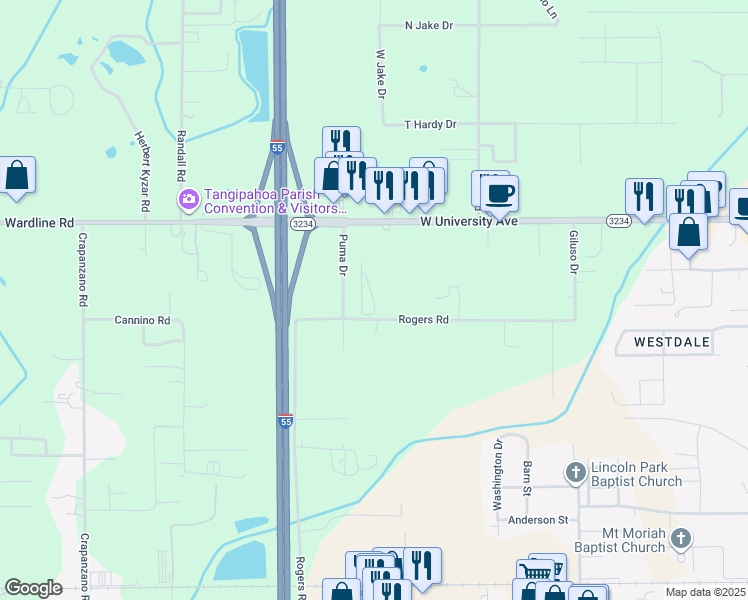 map of restaurants, bars, coffee shops, grocery stores, and more near Pointe Drive in Hammond