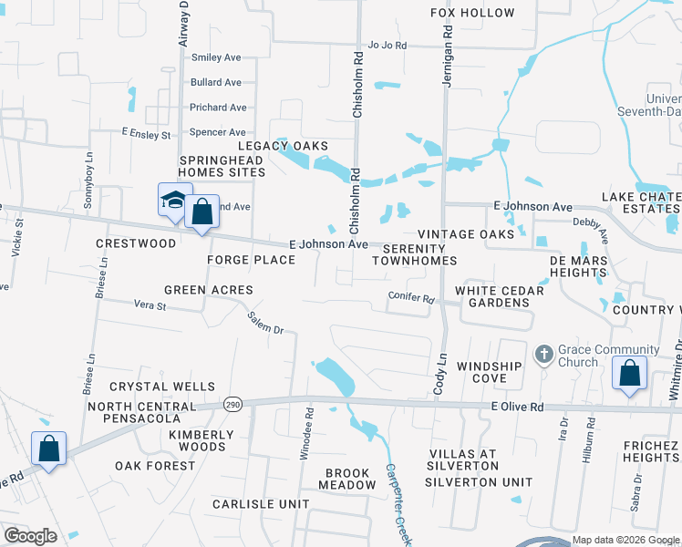 map of restaurants, bars, coffee shops, grocery stores, and more near 8435 Chisholm Road in Pensacola
