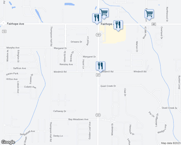 map of restaurants, bars, coffee shops, grocery stores, and more near 9940 Windmill Road in Fairhope