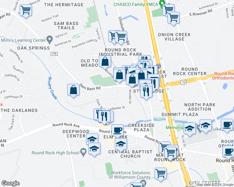 map of restaurants, bars, coffee shops, grocery stores, and more near 1300 Sam Bass Circle in Round Rock