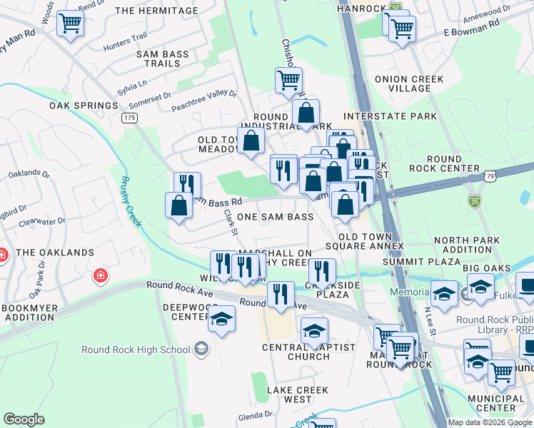 map of restaurants, bars, coffee shops, grocery stores, and more near 1300 Sam Bass Circle in Round Rock