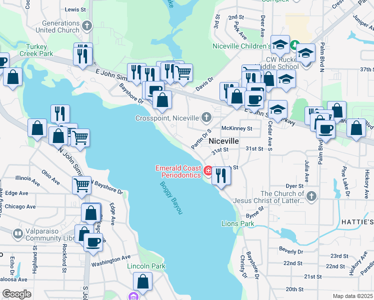map of restaurants, bars, coffee shops, grocery stores, and more near 565 Bayshore Drive in Niceville