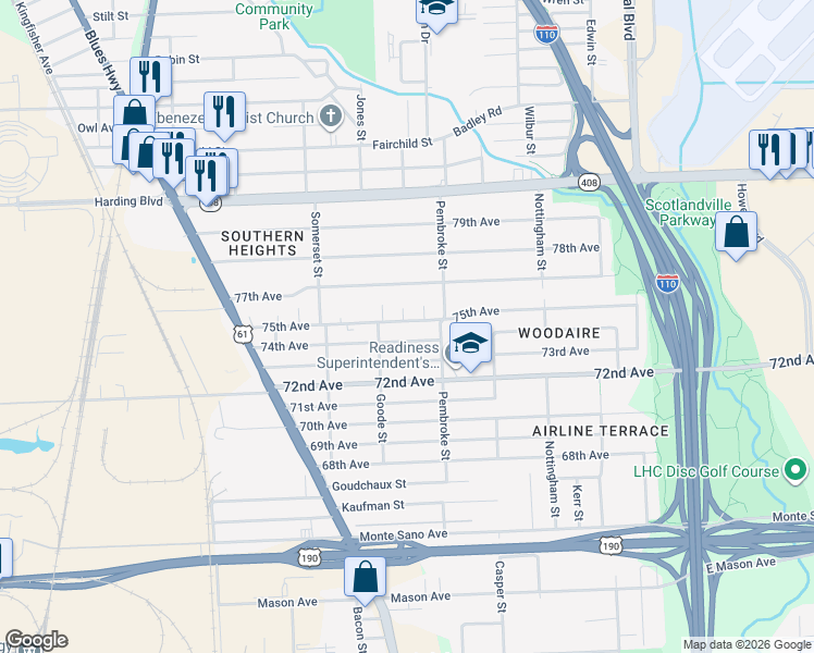 map of restaurants, bars, coffee shops, grocery stores, and more near 2185 74th Avenue in Baton Rouge