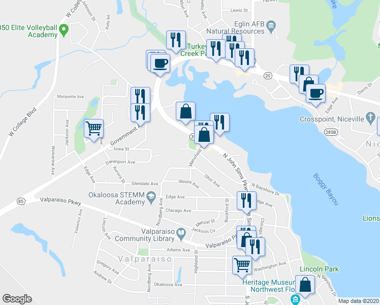map of restaurants, bars, coffee shops, grocery stores, and more near 341 Columbus Street in Valparaiso