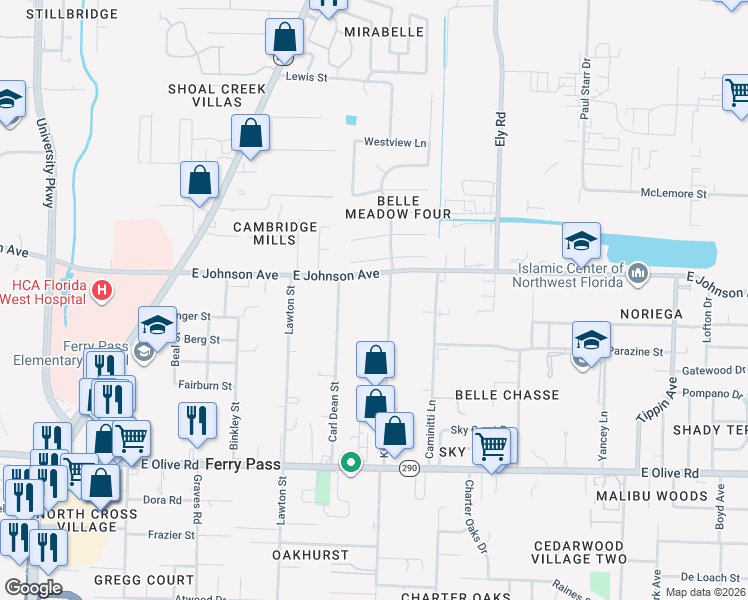 map of restaurants, bars, coffee shops, grocery stores, and more near 2671 East Johnson Avenue in Pensacola