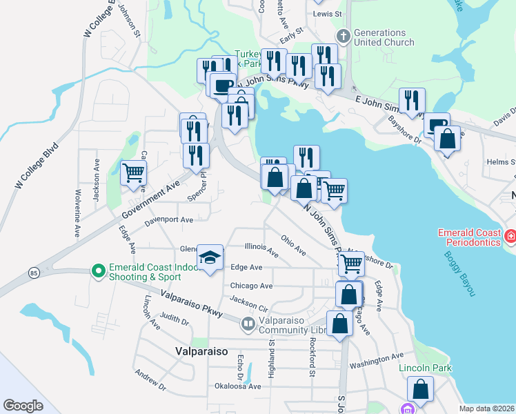 map of restaurants, bars, coffee shops, grocery stores, and more near 341 Columbus Street in Valparaiso