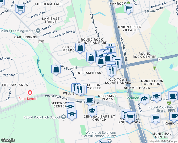 map of restaurants, bars, coffee shops, grocery stores, and more near 1212 Sam Bass Circle in Round Rock