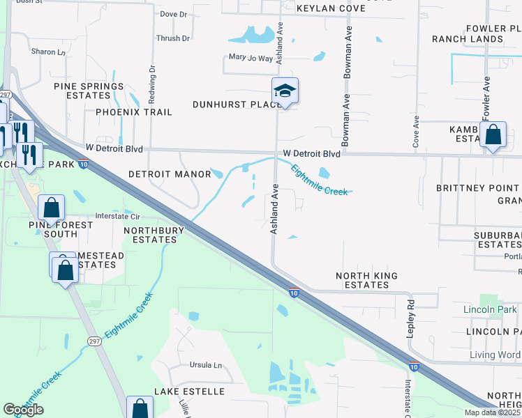map of restaurants, bars, coffee shops, grocery stores, and more near 8151 Ashland Avenue in Pensacola