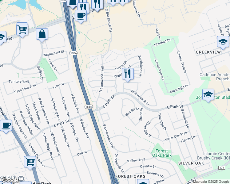 map of restaurants, bars, coffee shops, grocery stores, and more near 103 Crockett Road in Cedar Park