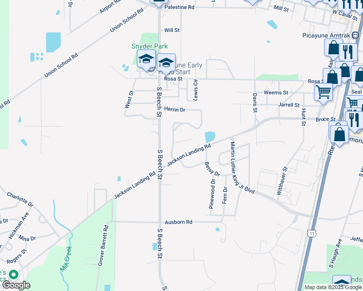 map of restaurants, bars, coffee shops, grocery stores, and more near 1496-1612 Jackson Landing Rd in Picayune